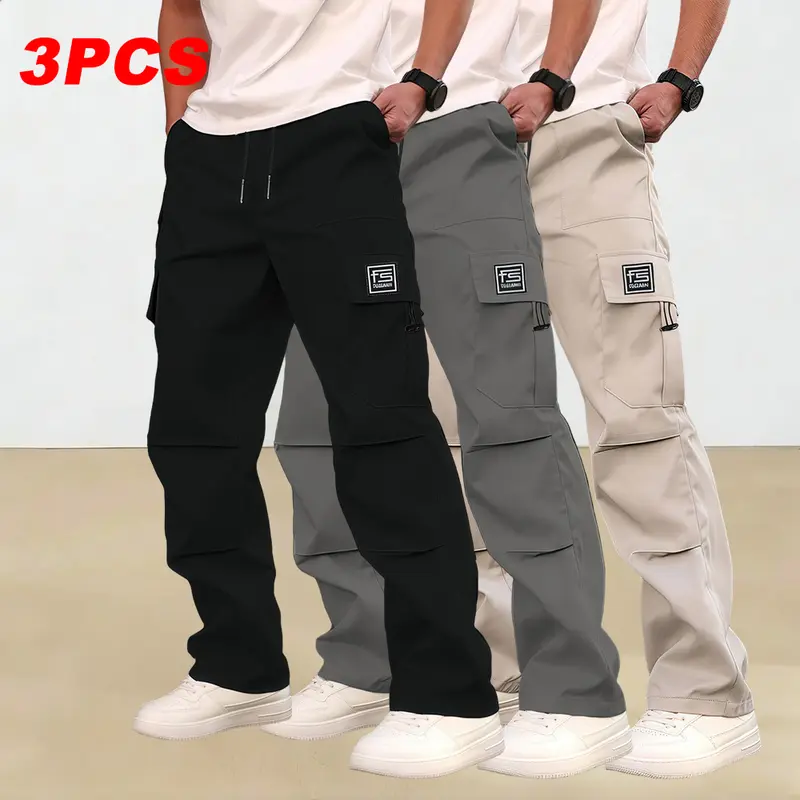 Men's multi-pocket work pants, 3-pack, suitable for all seasons and machine washable; mid-rise with drawstring closure; non-stretch polyester fabric; casual wear with pockets; versatile cargo pants