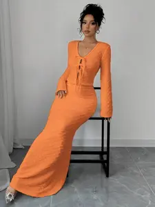 Women's Two-Piece Set Outfit, Textured Tie Front Long Sleeve Top and Mermaid Hem Skirt, Stylish Casual Womenswear Clothes for All Seasons