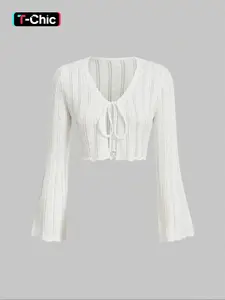 Women's Solid Color Tie Front Crop Sweater Cardigan, Casual Long Sleeve Cropped Knitwear for Spring & Fall, Fashion Women's Knit Clothing Womenswear for Daily Wear