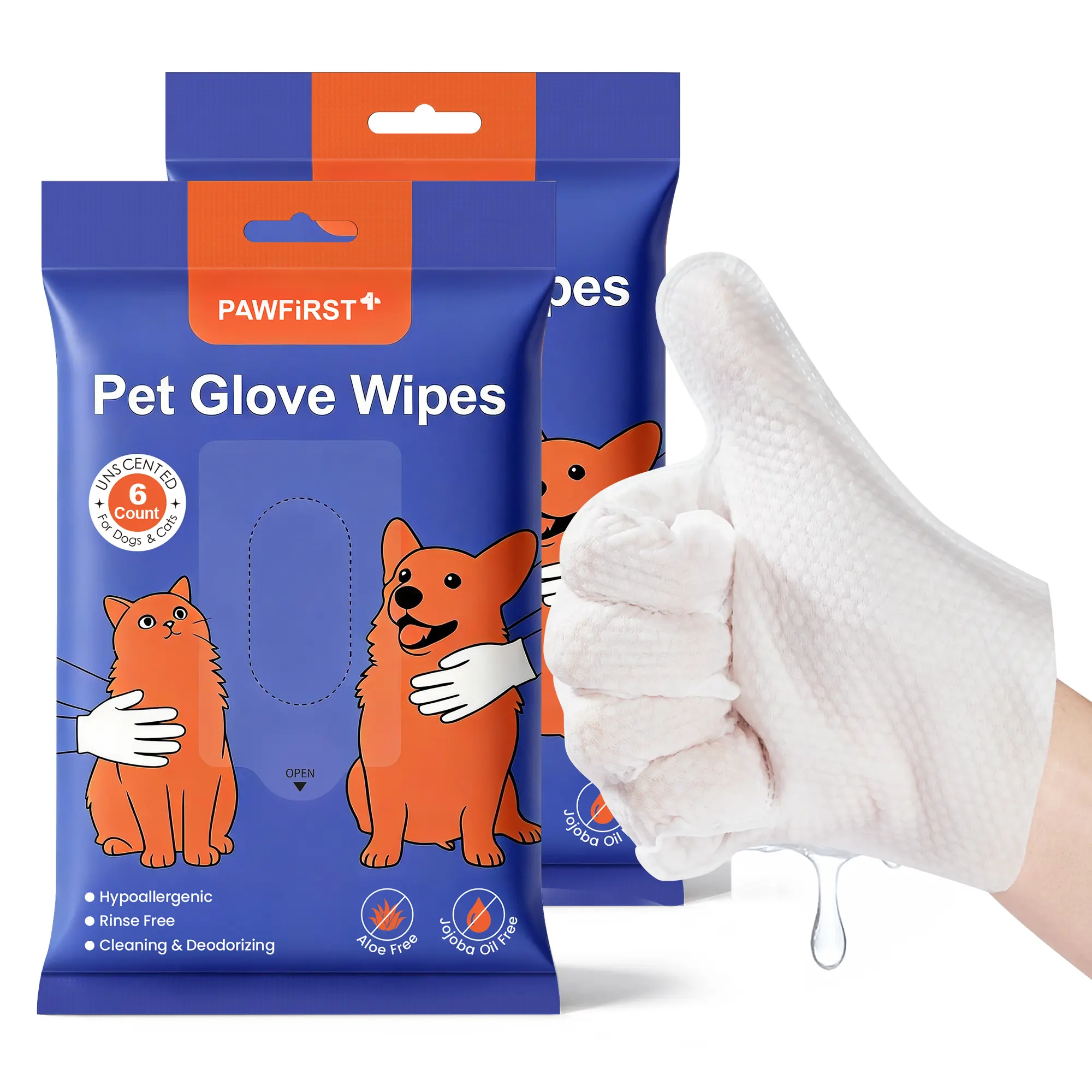 PawFirst 12PCS Pet Cleaning Glove Wipes 2 Pack, No Rinse Hypoallergenic Grooming Gloves 9", Gentle Full Body Cleaning for Dogs & Cats