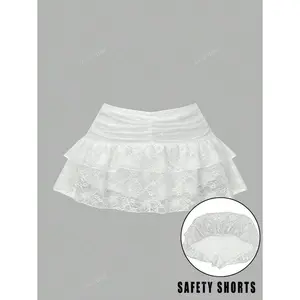 Women's Lace Ruffle Drawstring Pleated Cute Cake Mini Skirt, Suitable For Gathering, Shopping, Party, White
