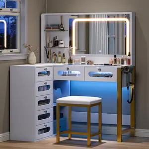 HuaYing Luxury Makeup Vanity Desk with LED Mirror & Storage, Modern Dressing Table with Stool for Bedroom