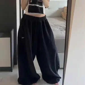 Women’s Oversized Black Cotton Sweatpants, Y2K Korean Streetwear Loose Casual Jogger Pants, High Waist, Drawstring, Versatile