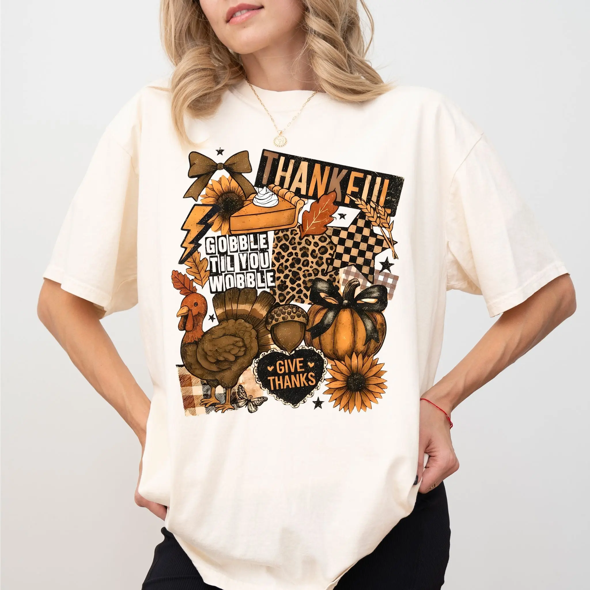 Thanksgiving Collage T-Shirt, Coquette Thankful Graphic Tee