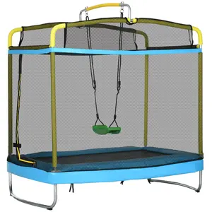 6.9' 3-in-1 Trampoline – Light Blue. Trampoline + Gymnastics Bar + Swing. 360° Enclosure Net + Foam-Wrapped Posts. U-Shaped Legs. Spacious Jump Area
