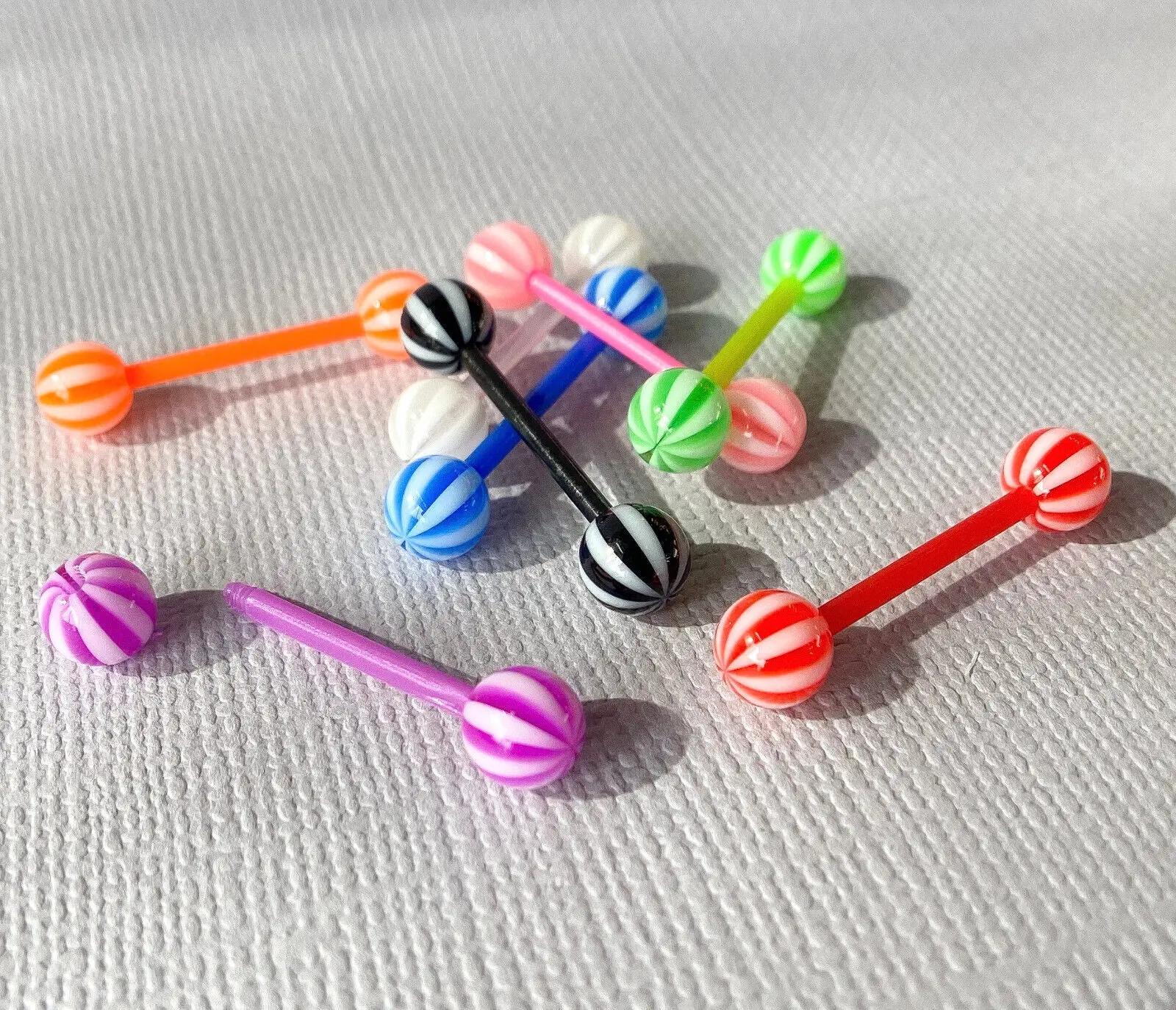8pc Value Pack Candy Stripe Tongue Rings 14g Tounge Body Jewelry No Metal