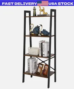 4-Tier Durable Bookcase Bookshelf Leaning Wall Ladder Shelf Storage Display