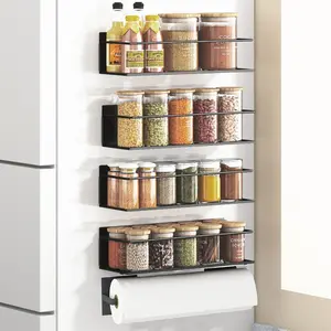Magnetic Spice Rack For Refrigerator Space Saving Black 4 Pack Magnetic Fridge Shelf With Magnetic Paper Towel Holder For Kitchen