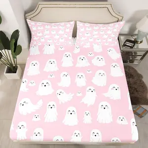 Halloween Ghost Bed Sheets,Cute Pink Spooky Bedding Set Decoration,Cartoon Fitted Sheet,Kawaii Lovely Sheets Set,loveshack fancy  bed sheets