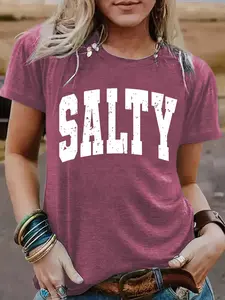 Women's Salt Print Round Neck Tee, Vintage Trendy Casual Streetwear Fitted Short Sleeve T-shirt for Daily Wear, Casual Everyday Wear, Ladies Summer, Top