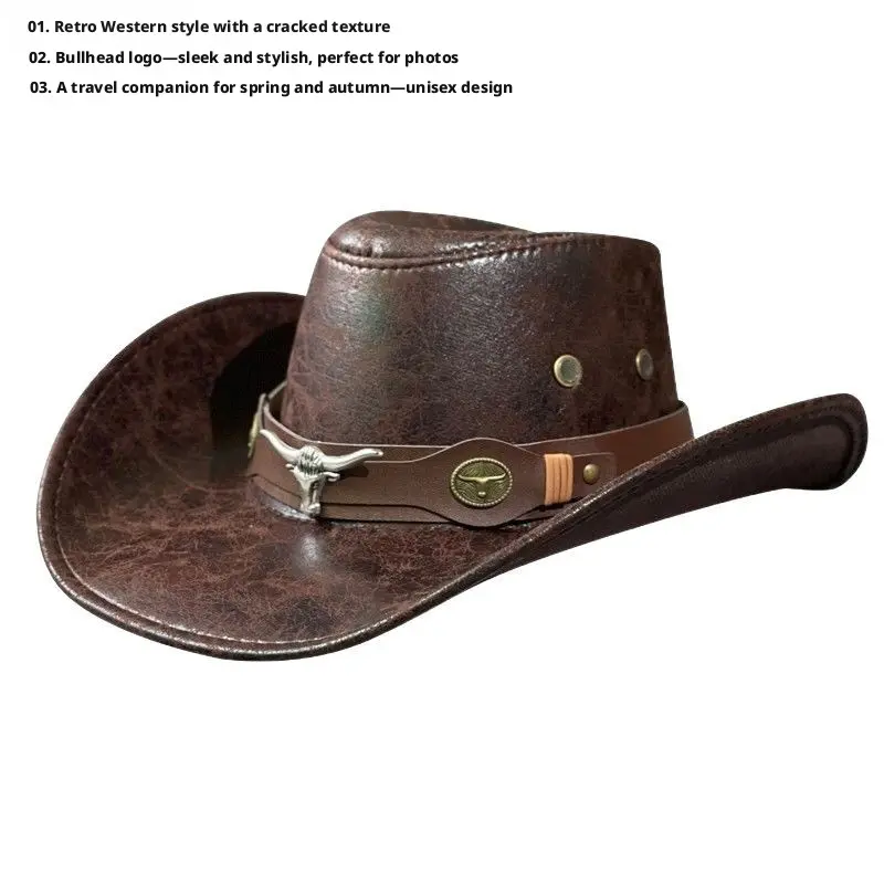 Western Cowboy Cracked Cow Head Vintage Outdoor Travel Hat - Concave/Flat-Top, Retro Unisex Equestrian Jazz Hat, Western Style Sunshade & Sun Protection Adjustable Stylish Hat Handcrafted Cap