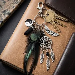 Dreamcatcher Keychain Feather Charm Handmade Boho Bag Accessory Leather Tassel Pendant for Purse Keys Backpack Tribal Style Macrame Decoration Gift