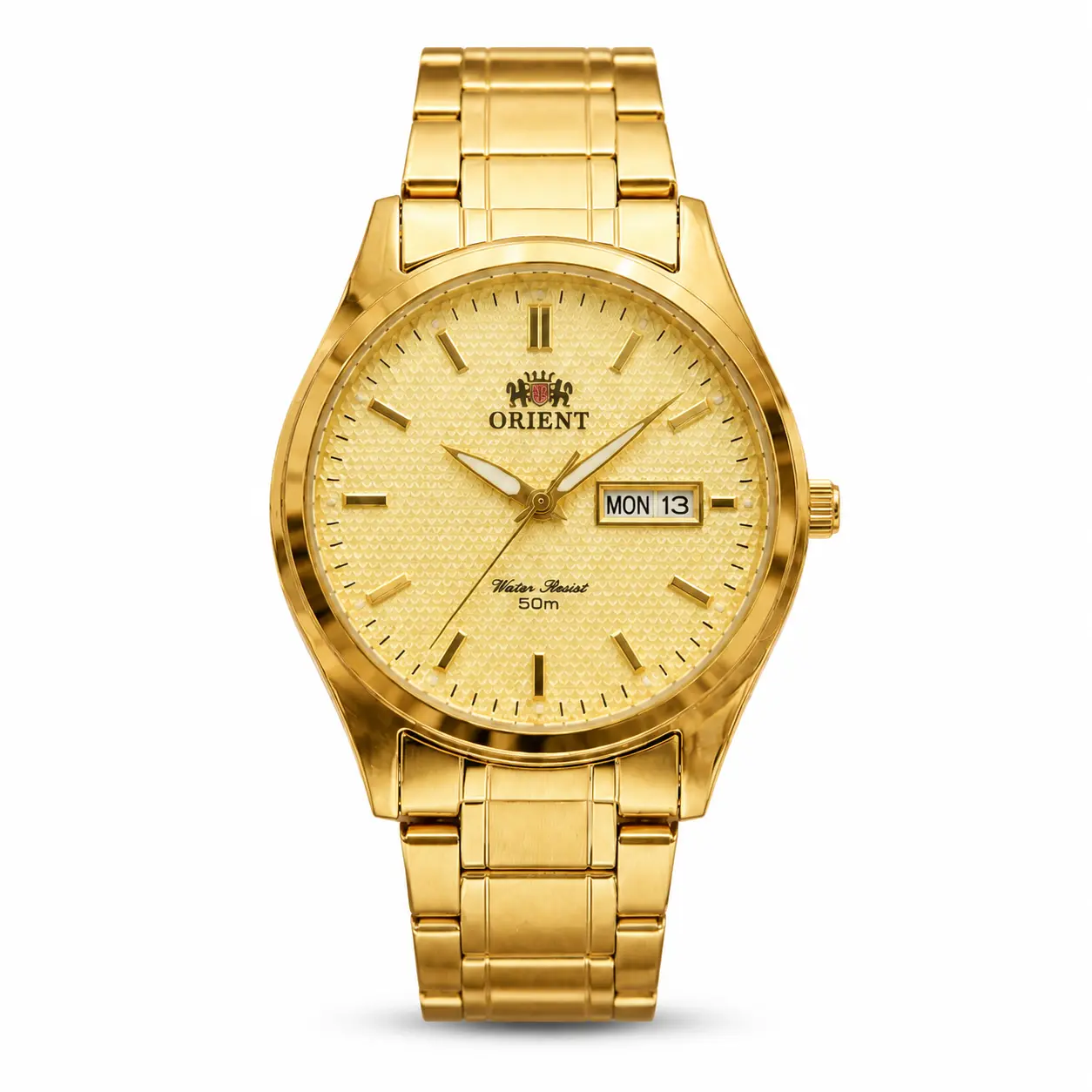 Orient Men's Quartz Analog Wristwatch - Full Gold Stainless Steel Bracelet with Clasp, Round Face Textured Dial, Day & Date Calendar Display, 50M Water Resistant, Classic Business Dress Male Watch