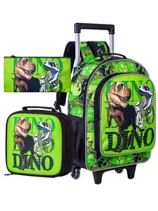 3Pcs Cool DINO Dinosaur Rolling Backpack Set for Boys - T-Rex & Skeleton Print Wheeled School Bag with Lunch Bag & Pencil Pouch - Perfect for Dinosaur-Loving Kids & School Days