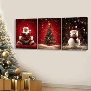 Christmas Wooden Framed Canvas, 3 Counts/set Santa Claus & Tree & Snowman Pattern Wall Art, Wall Decor for Home Living Room Bedroom Office