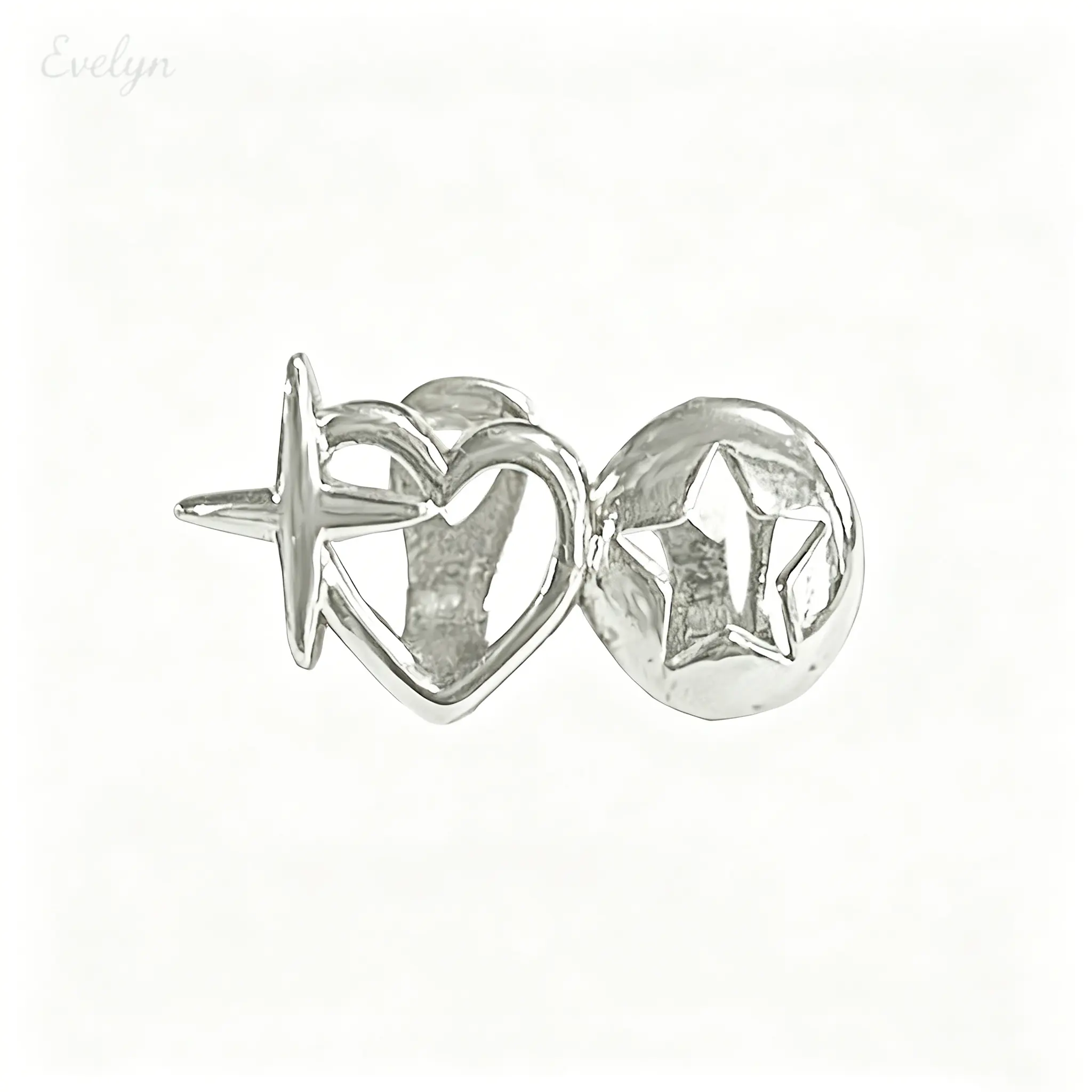 Silver Tone Heart & Star Single Tooth Grillz, Polished Metal Teeth Decoration, Hip Hop Accessory for Parties, Festivals & Styling