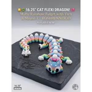 🐱🐉 16.25" Cat Flexi Dragon! 🎀 Matte Rainbow Fidget with Yarn & Mouse Tail ✨🧶