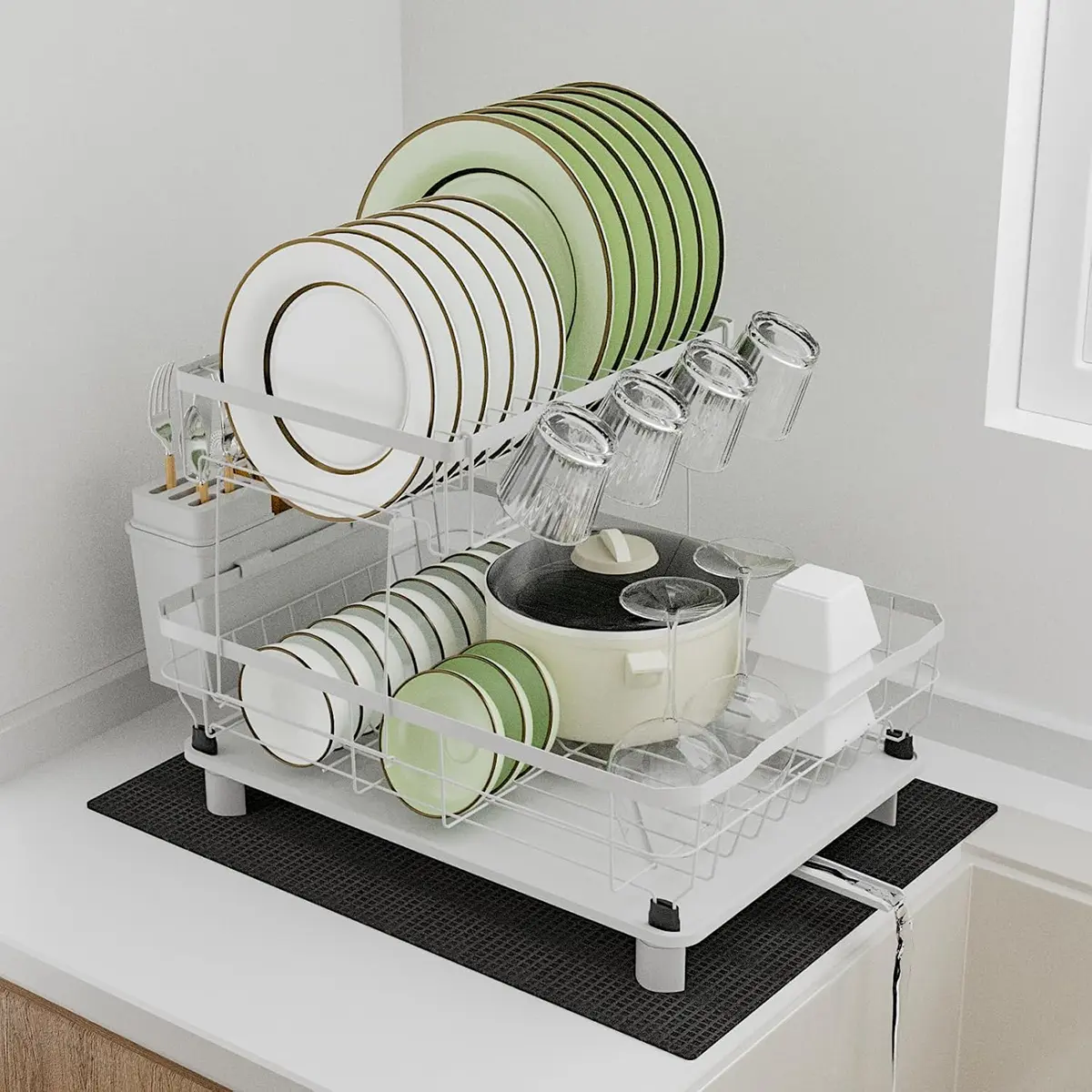 2 Tier Kitchen Double-Layer Dish Drying Rack, Storage Rack with Drainage Board and Cutlery Rack Self-draining Fits plates of different sizes The drain pipe can be rotated 360° Easy to assemble,Easy to clean The top is removable Mother's day Gift summervib