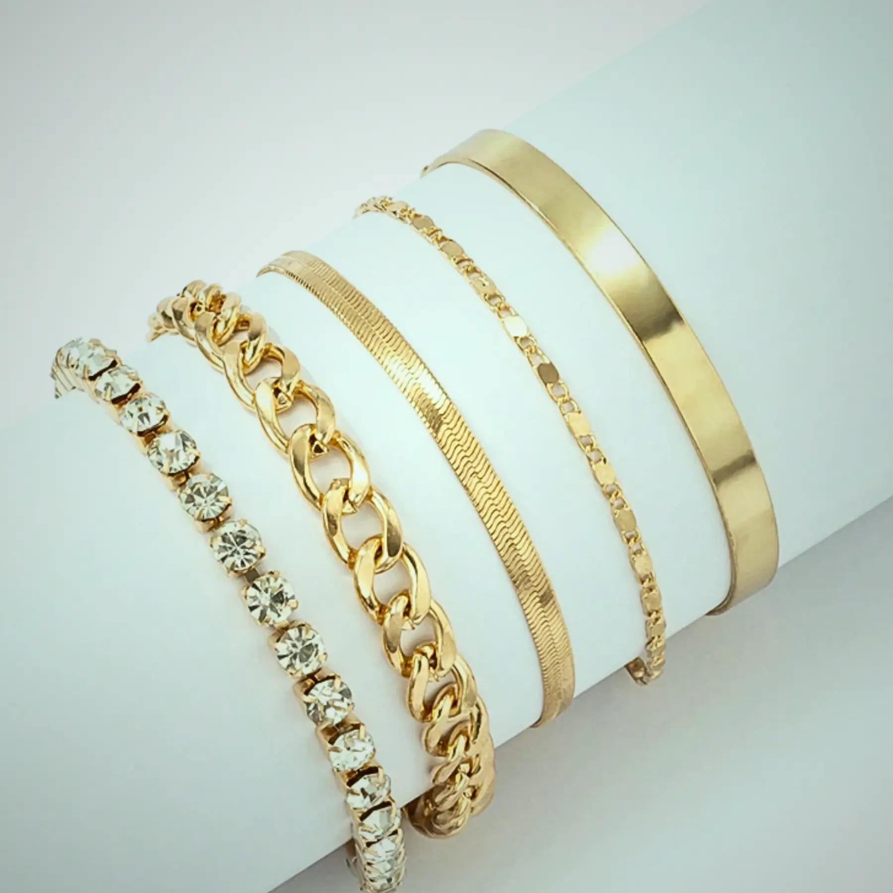 5 Piece Handmade Copper Bracelet Stack Set, Geometric Crystal Charm Jewelry For Girls