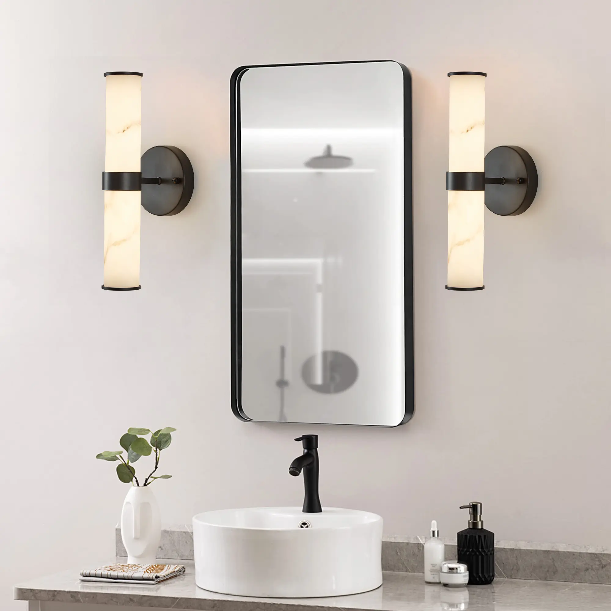 2-Piece Decorative Minimalist Contemporary Cylindrical Marble Resin Wall Lamps - Black Iron Frame, Veined Texture, Ambient Glow, Budget-Conscious Homeowners' Indoor Lighting for Hallways, Bathrooms