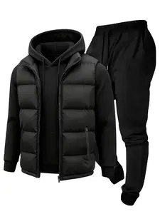 Men's Three-Piece Casual Vest Set Men's Casual Cartoon Drawstring Pocket Hoodie with Matching Jogger Pants Athletic Training Apparel Athletic Style Activewear