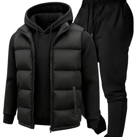 Men's 3-Piece Casual Vest Set - Long Sleeve Cartoon Drawstring Pocket Hoodie, Loose Fit Matching Jogger Pants, Athleisure Style Activewear Clothing (3-Pieces Simplifies Outfits), Three-Pieces Simplifies Outfits