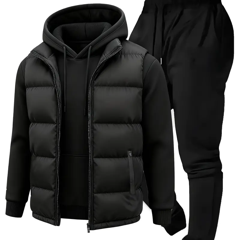 Men's 3-Piece Casual Vest Set - Long Sleeve Cartoon Drawstring Pocket Hoodie, Loose Fit Matching Jogger Pants, Athleisure Style Activewear Clothing (3-Pieces Simplifies Outfits), Three-Pieces Simplifies Outfits