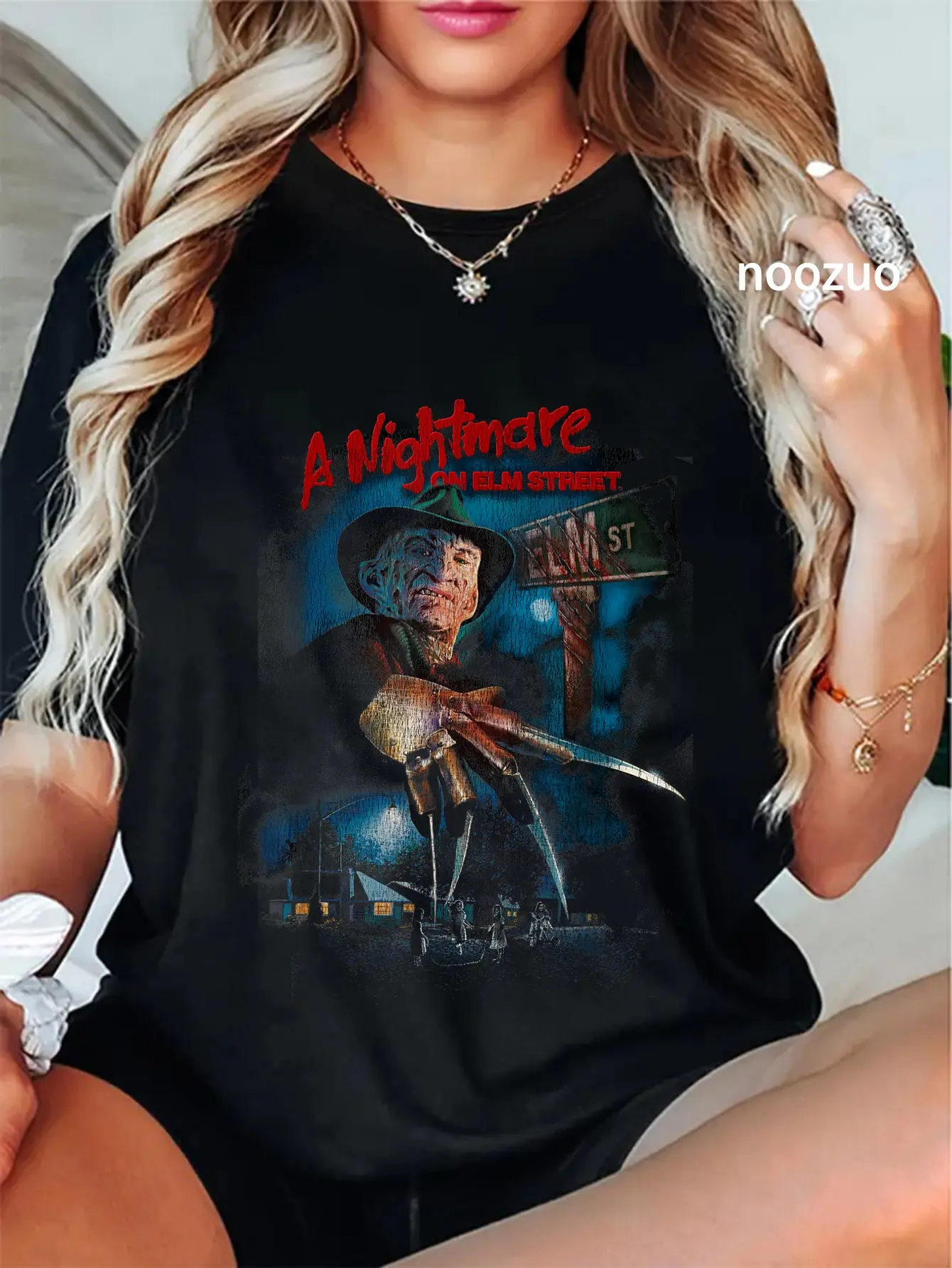 Women's Graphic T-Shirt, Vintage A Nightmare on Elm Street Freddy Poster Print, 100% Cotton Casual Short Sleeve Tee for Everyday Wear, Playful Look