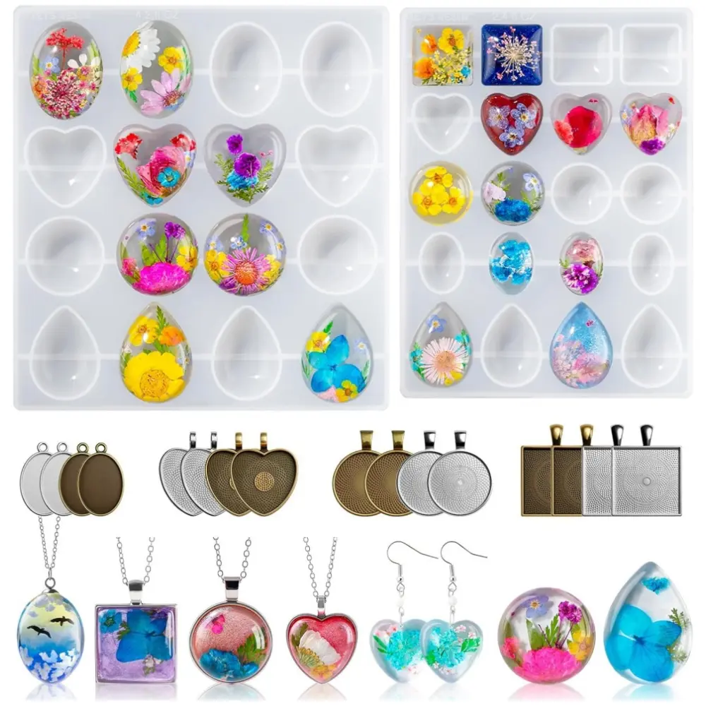 36-Cavity UV Resin Jewelry Silicone Casting Molds for DIY Crafts, 2 Pcs Multiple Shapes Cabochon Gems Molds with 0.4 Inches Metal Pendants, Jewelry Making, Silicone Molds