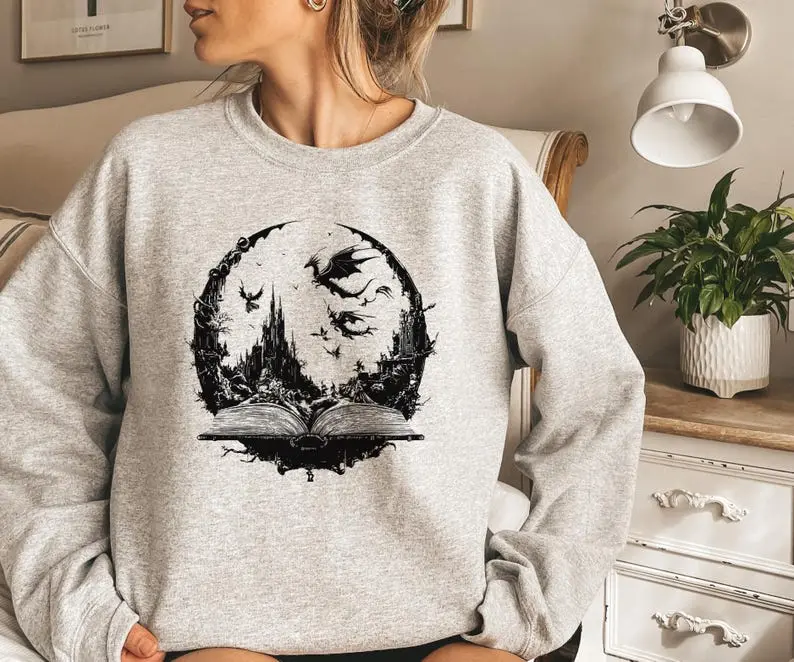 Vintage Dragon Sweatshirt, Dragon Book Fantasy Sweater, Dark Medieval Hoodie, Artsy Shirt, Gift For Fantasy Reader, Castlecore Dragon Lover