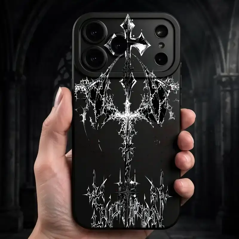 Dark Gothic Cross Wings TPU Soft Phone Case - Dark Emo Streetwear Style for iPhone 17,16,15,14,13,12,11 Plus Pro Max, Unique Cool Gift for iPhone Series