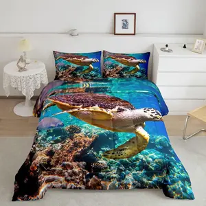 Sea Turtle Luxury Twin Size Bedding Set,Ocean Reptile Tortoise Duvet Set,Bedroom Decor Coastal Comforter Set,Nautical Beach Blue Comforter