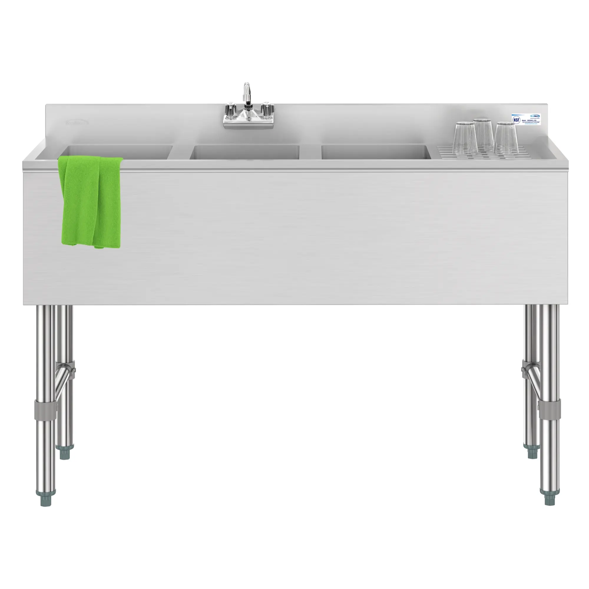 48 in. Three-Compartment Commercial Under-Bar Sink with 3 in. Backsplash, Right Drainboard and Low Lead Faucet, NSF Certified in Stainless Steel (SBR3B48-R-320)