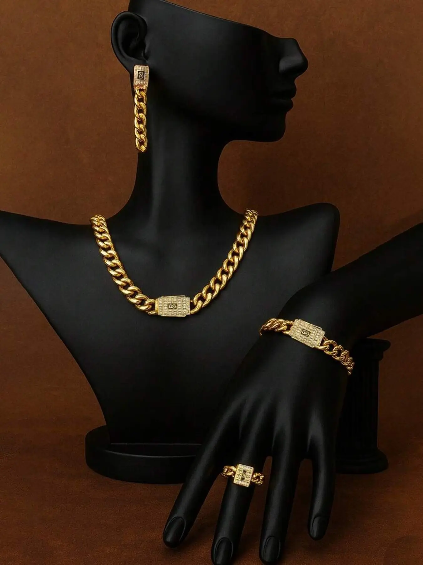 Luxurious Cuban Chain Jewelry Set, Zircon Clasp, Waterproof Stainless Steel Necklace Bracelet Earrings, Boho Style, All Seasons, Chains Set, Necklaces Earrings Set, Necklace And Earring Set