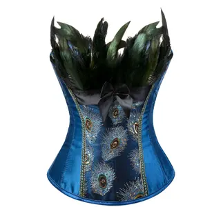 Peacock Corset Top Vintage Lace Up Bustier Deep Blue Satin Polyester Women Burlesque Halloween Costume Non Stretch Faja with Peacock Feathers