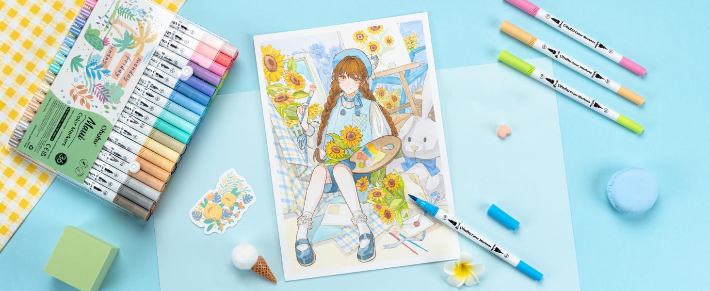 Ohuhu Maui 36 pastel colors Markers Water-based Dual Tips Fineliner&Brush Drawing Pens No Bleeding for Adult Coloring Art Markers Kids Sketch Journal