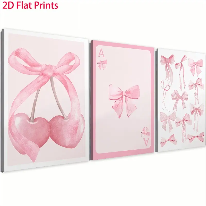 2D flat paintings, 2D flat paintings, three-piece set of 2D flat paintings, canvas artwork with wooden frame, featuring a playful pink bow theme, perfect for decorating your living room or bedroom