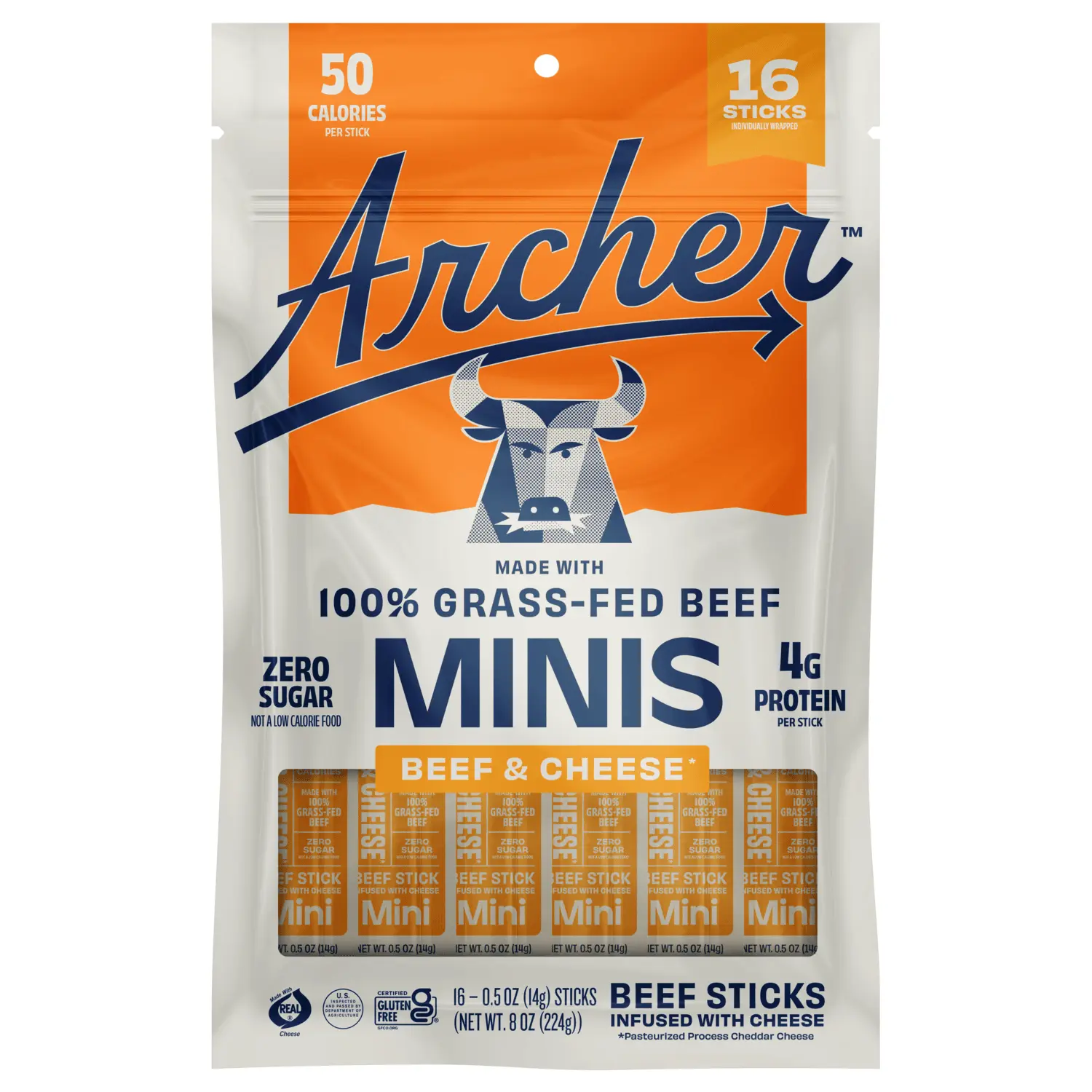 Archer Jerky Beef & Cheese Minis - 16ct, 100% Grass-Fed Beef, 0 Sugar, Savory Cheese Flavor, 4g Protein, Protein Snacks, Healthy Snacks to Buy, Dried Meat Jerky Stick, Dried Beef