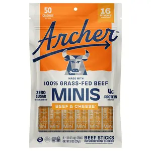 Archer Beef & Cheese Minis - 16ct, 100% Grass-Fed, Zero Sugar, Cheese Flavor, 4g Protein, Savory Snack - Meat, Beef Jerky Sticks