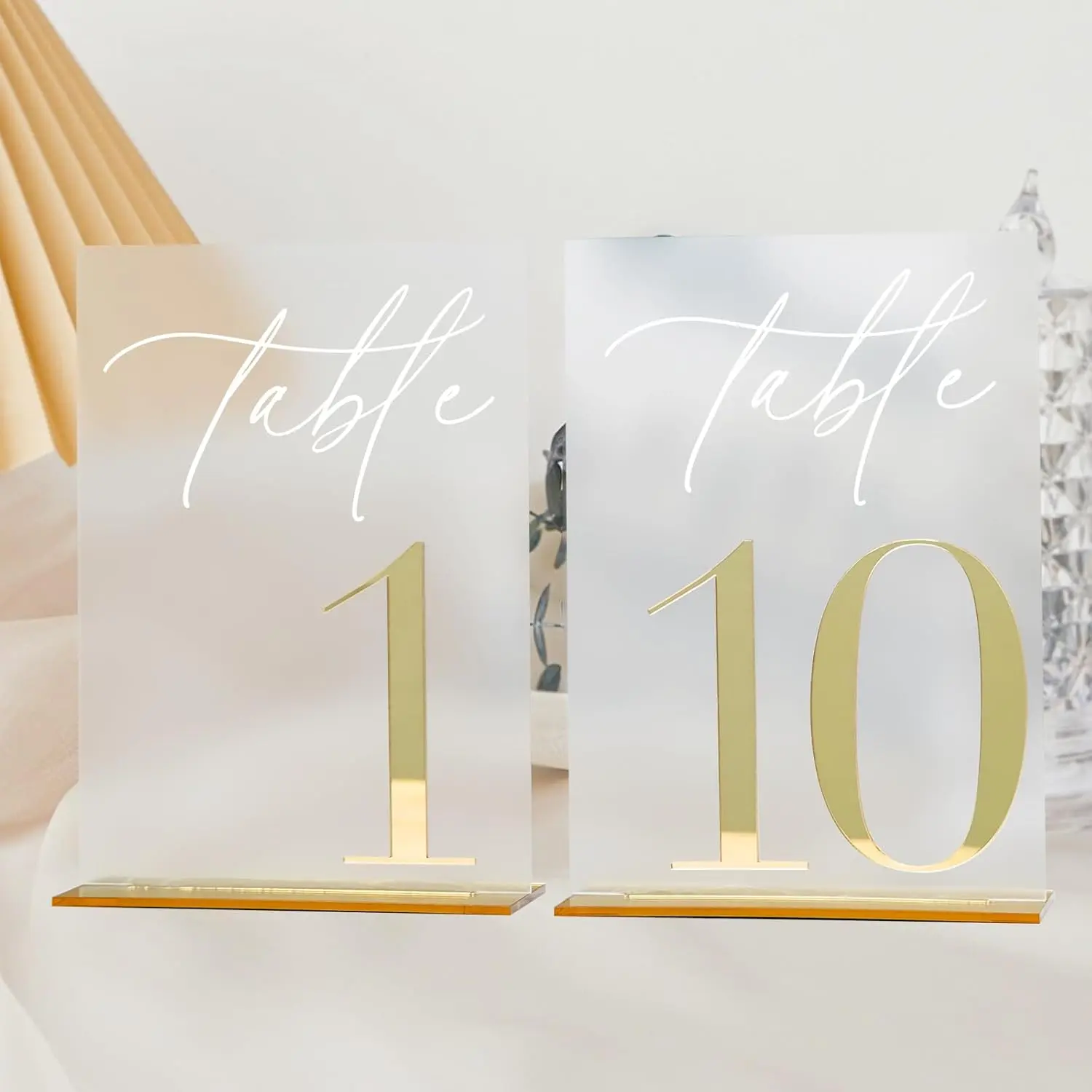 Wedding Table Numbers 1-10 with Stands, 5"x7" Frosted  Place Cards with   Mirror Numbers, Frosted and   Table Numbers for Wedding Reception, Anniversary, Event