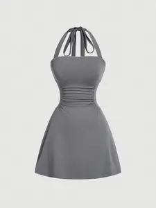 Women's Plain Ruched Tie Back Halter Dress, Casual Chic Sleeveless A Line Short Dress for Summer, Ladies Clothes for Daily Wear