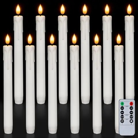 12 Pcs Plastic Flameless LED Taper Candles with Remote, Timer & Brightness Dimmable, Battery-Operated White Flickering Tapered Candles, Warm Lighting Interior LED Lights for Living Room Christmas Decor