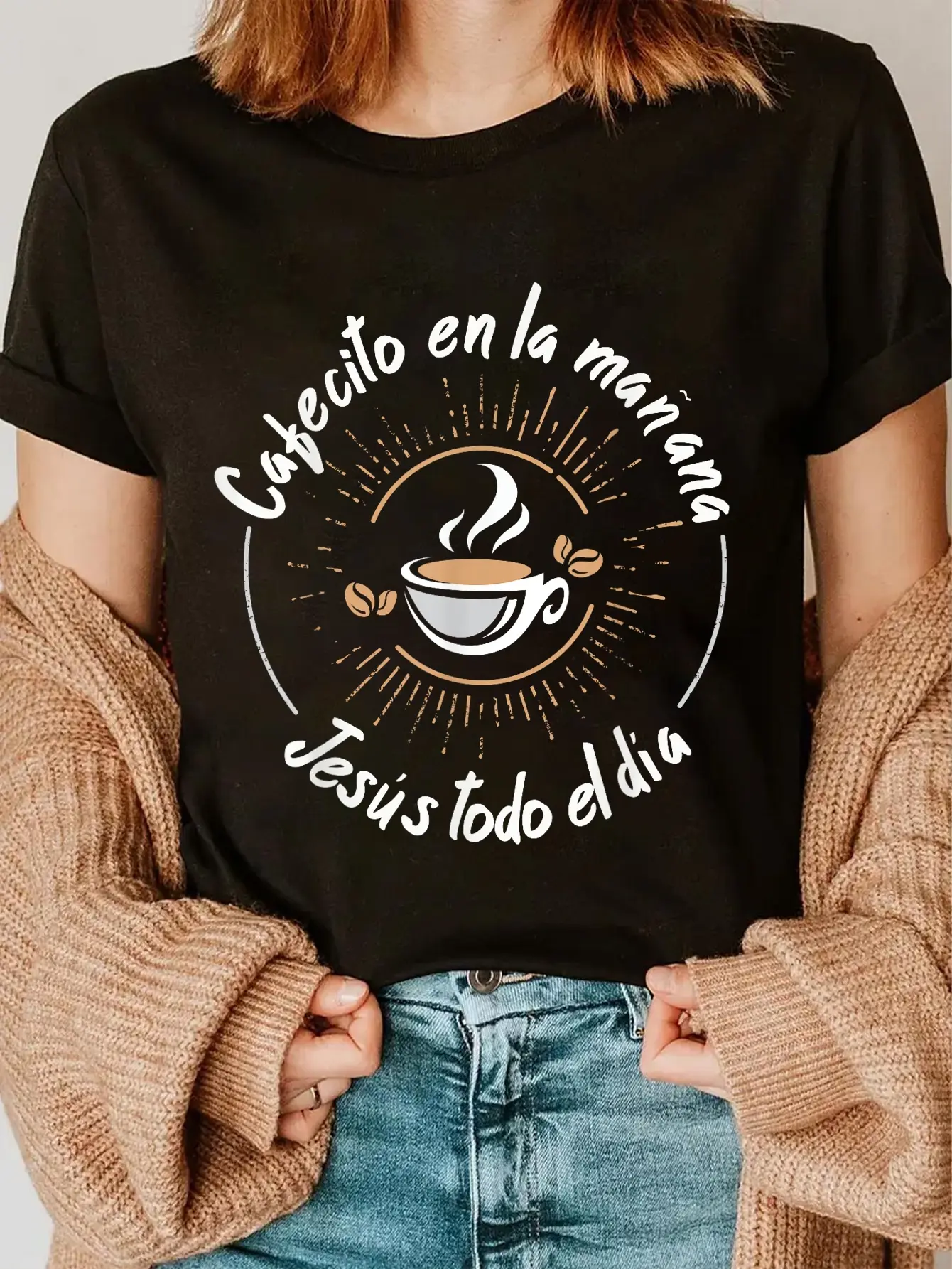 100% Cotton Cafecito Y Jesus Regalo Cristiano Christian Spanish T-Shirt