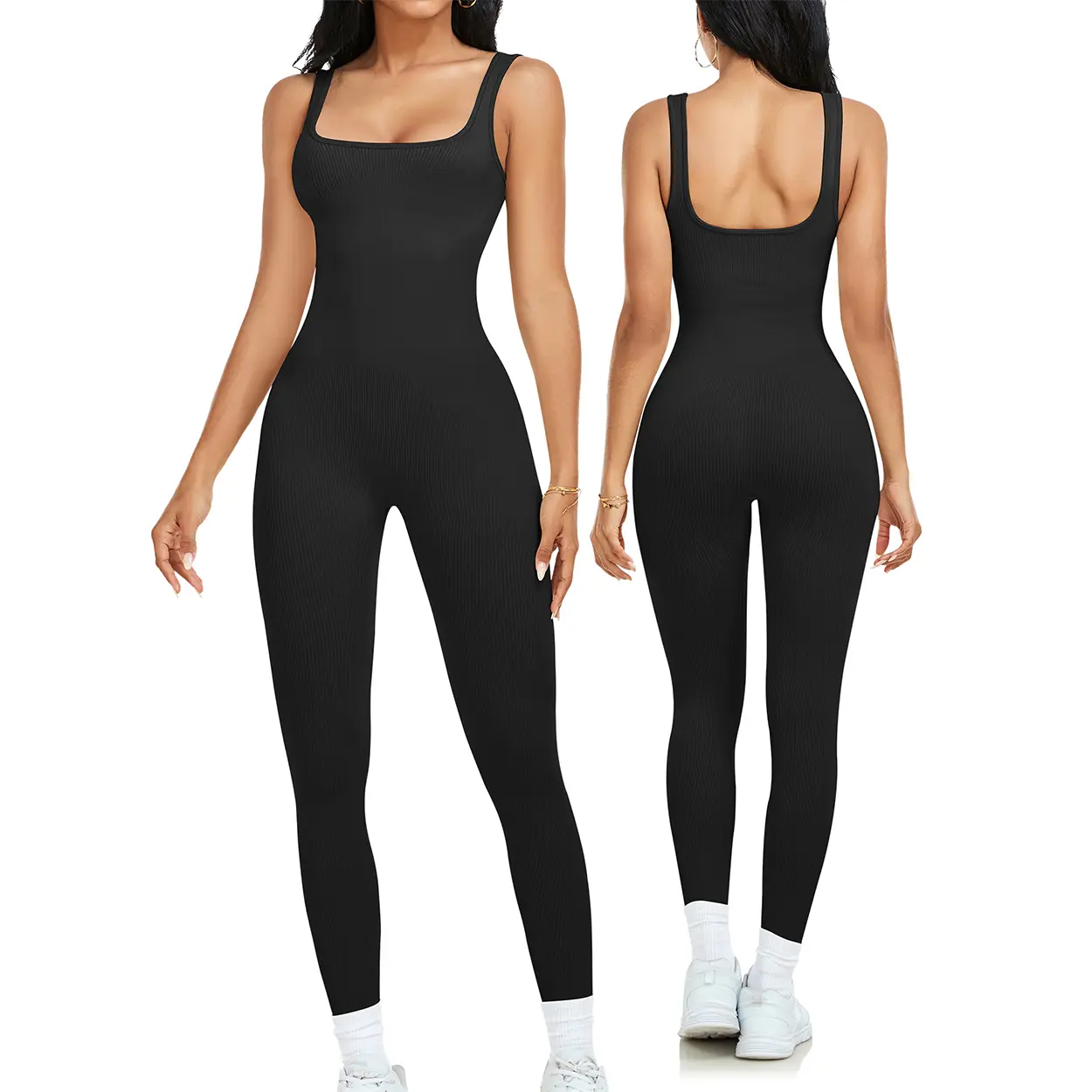 Women's 2-Pcs Seamless Ribbed Fitted Sleeveless Square Neck Full Body Athletic Jumpsuit, Stretchable Stylish Sports Apparel for Yoga, Gym, Ribbed Fitted Jumpsuit