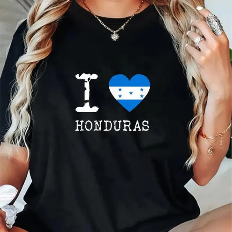 Men's Classic 100% Soft Cotton Casual Shortsleeve T-Shirt - Elastic Ribbed Seamless, Stylish Honduras Flag Print "I Love Honduras" Top