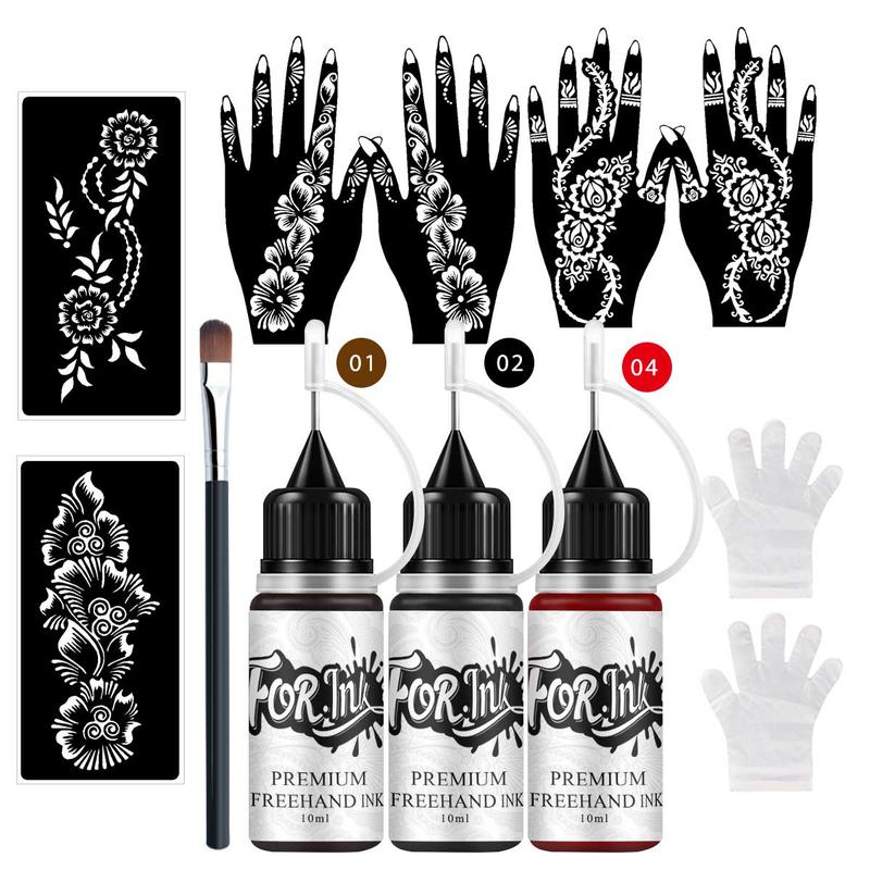 Temporary Tattoo Ink Set, 3 Bottles Hand-Drawn Tattoo Ink & 6 Hollow Template Stickers, Henna Stencil, Body Art, Party, Halloween, Graduation, Beach Vacation