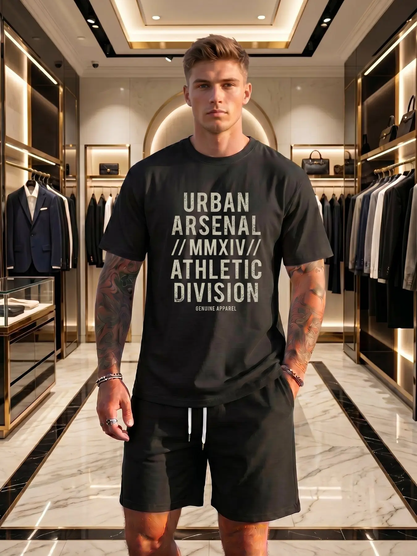 Men’s Urban Arsenal Athletic Print 2-Piece Outfit Soft Stretch Breathable T-Shirt + Shorts Set For 18-45 Streetwear Summer Gym Workout Casual Wear