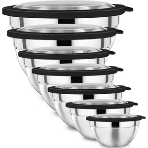 Mixing Bowl with Lid Set of 7, Stainless Steel Nesting Salad Bowls for Cooking Serving Prepping, Clear  & Stackable Design, Size 4.6, 3.5, 3, 2, 1.5, 1, 0.7 Qt - Black