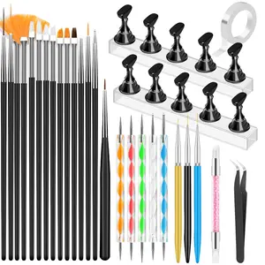 Nail Art Tools Set, Nail Stand for Press on Holder for Painting Nails, Nail Art Brushes, Liner Brushes, Nail Dotting Tool, Must Haves Design Tools Supplies Kit for Nail Tech & Beginners (Black)