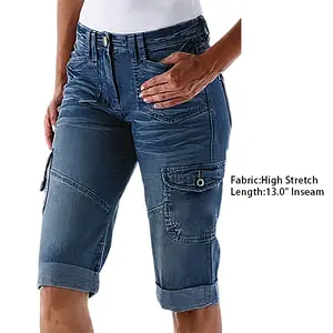 Flamingals Flap Pocket Roll Hem Bermuda Denim Shorts Jean Blue Comfort High Stretch Women's Bottoms Style 13.0" Inseam Cold Wash Friendly - Bermudashorts